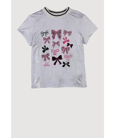 Girls Bow Graphic Short Sleeve Crew Neck Top