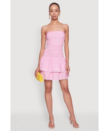 Haute Monde Gingham Strapless Tiered Skater Dress