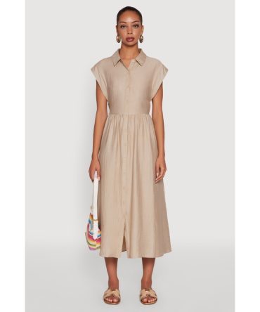 Linen Mid Length Shirt Dress with Cap Sleeves