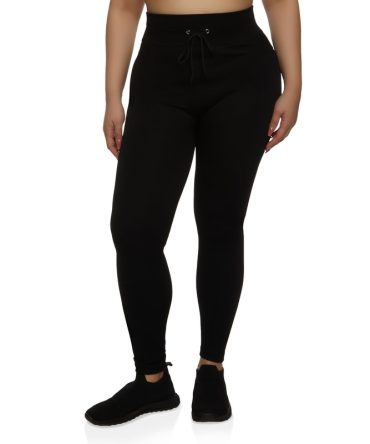 Plus Size Seamless Ribbed Faux Drawstring Leggings