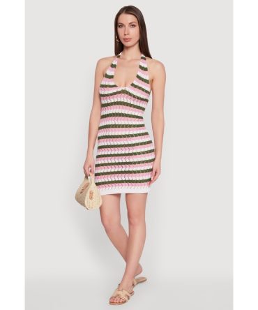 Trendy Crochet Striped Halter Dress