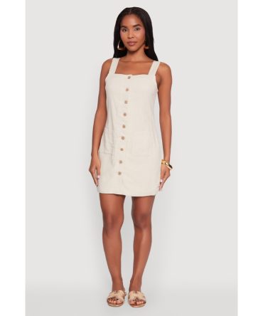 Trendy Linen Button Front Square Neck Dress