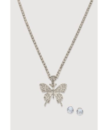 Cubic Zirconia Butterfly Necklace and Stud Earrings