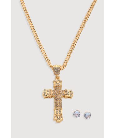 Cubic Zirconia Cross Chain Necklace and Stud Earrings