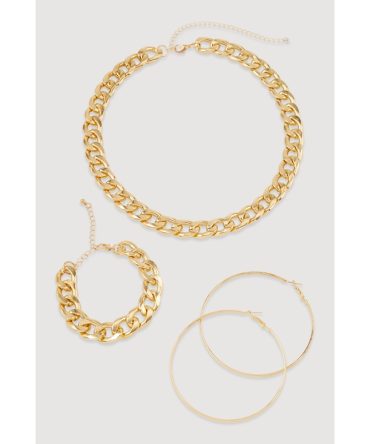 Curb Chain Necklace and Bracelet with Hoop Earrings Set