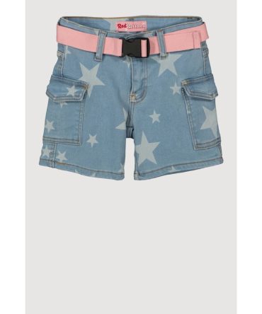 Girls Belted Star Print Denim Cargo Shorts