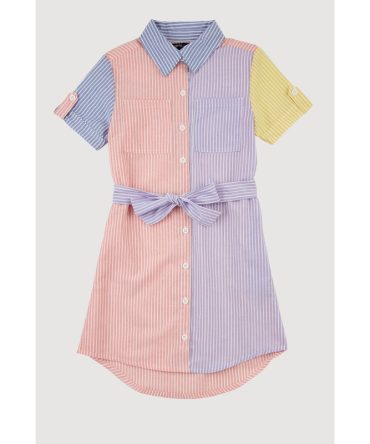 Girls Linen Color Blocked Pinstripe Shirt Dress