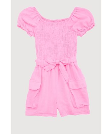 Girls Puff Sleeve Smocked Cargo Romper