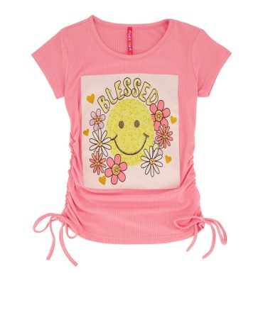 Girls Studded Blessed Smiley Patch Graphic Tee