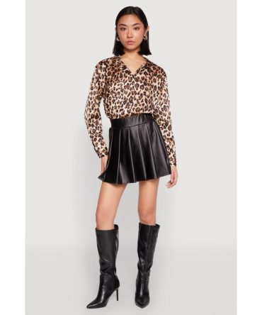 High Waist Faux Leather Pleated Skirt