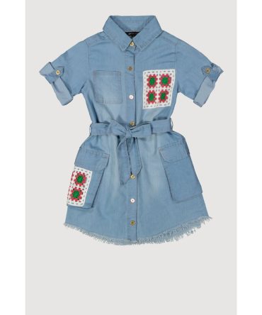 Little Girls Crochet Patch Chambray Shirt Dress