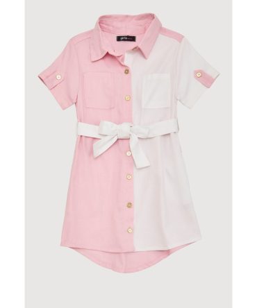 Little Girls Linen Gold Button Front Shirt Dress