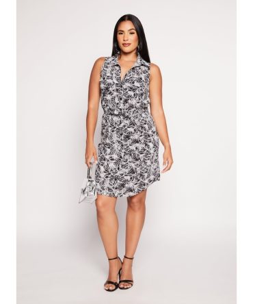 Palm Print Tie Front Waist Shirt Dress
