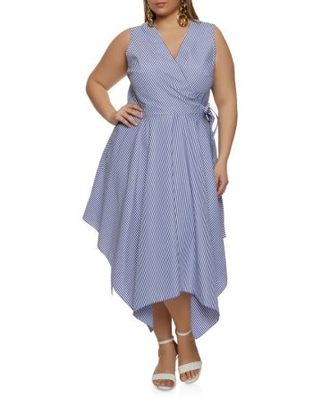 Plus Size Striped Sleeveless Faux Wrap Dress