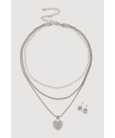 Cubic Zirconia Heart Charm Layered Necklace and Stud Earrings