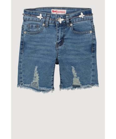 Girls Butterfly Chain Belt Distressed Denim Shorts