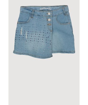 Girls Rhinestone Asymmetrical Denim Skort