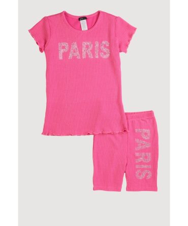 Girls Rib Knit Seamless Paris Rhinestone Tee and Biker Shorts
