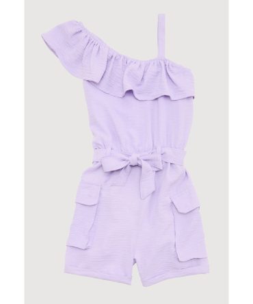 Girls Ruffle One Shoulder Cargo Romper