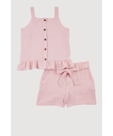 Girls Sleeveless Button Front Ruffle Hem Top and Shorts