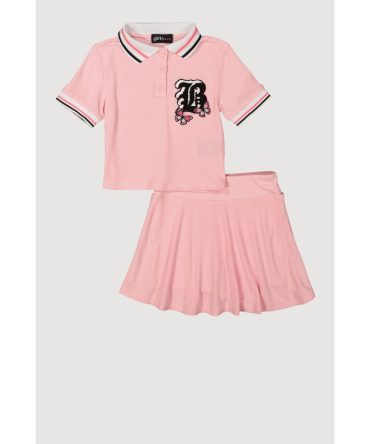 Little Girls B Initial Butterfly Graphic Polo Shirt and Skort