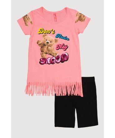 Little Girls Fringe Graphic Print Top and Biker Shorts
