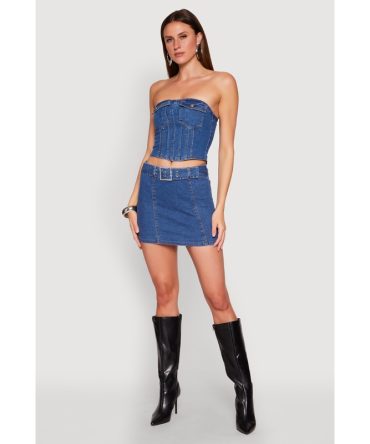 Zip Back Belted Front Denim Mini Skirt