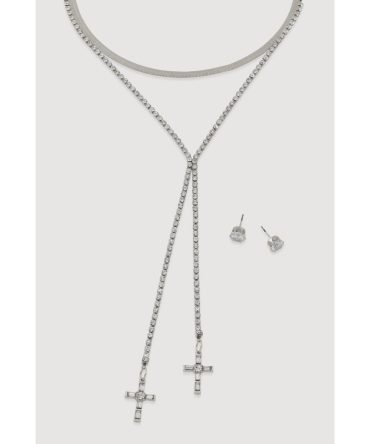 Cross Lariat Necklace and Stud Earrings
