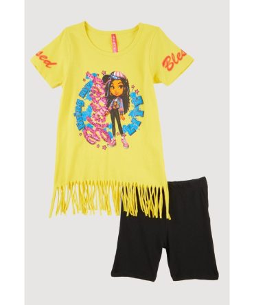 Little Girls Living My Blessed Life Graphic Fringe Tee and Shorts