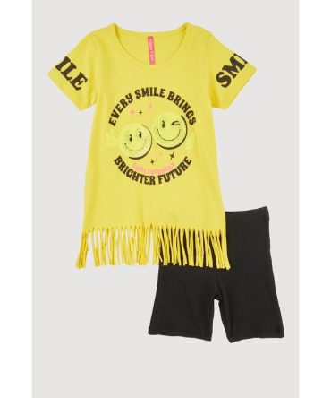 Little Girls Smile Sequin Graphic Fringe Tee and Shorts