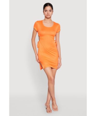 Rib Knit Side Ruched Keyhole Mini Dress