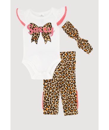 Baby Girls 0-9M Pom Pom Trim Leopard Print Set with Headband