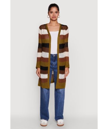Chic Crochet Long Sleeve Striped Duster