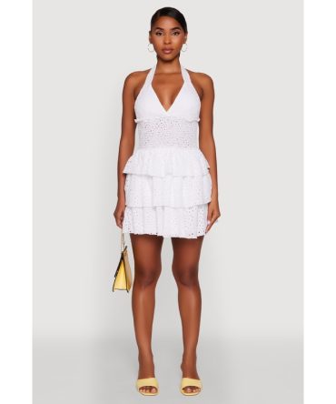 Eyelet Smocked Waist Tiered Halter Sundress