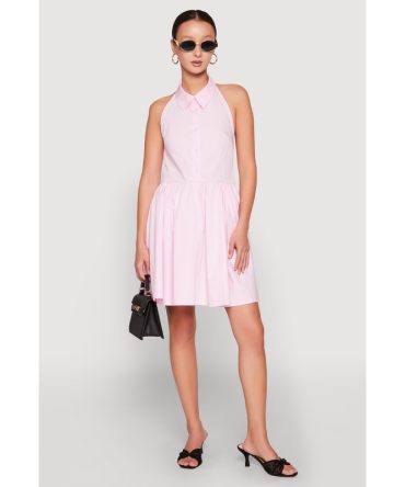 Halter Button Front Skater Dress