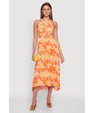 Iris Leaf Print Halter Dress with Crochet and Smocked Details