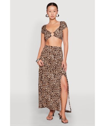 Leopard Print Side Slit Maxi Skirt
