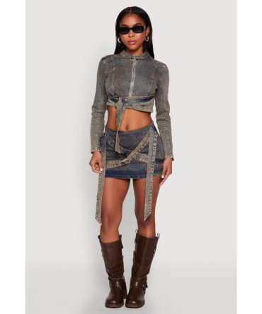 Mineral Wash Asymmetrical Buckle Strap Mini Skirt