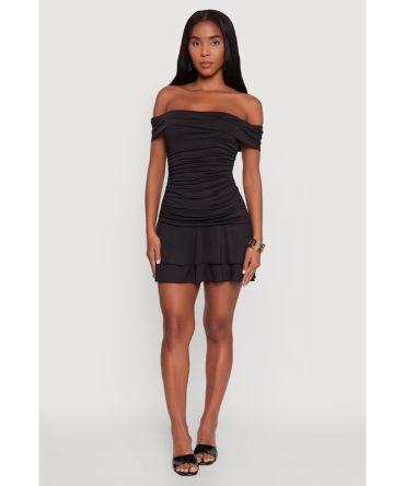 Off the Shoulder Ruched Tiered Bodycon Dress
