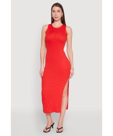 Ribbed Knit Side Slit Maxi Tank Dress