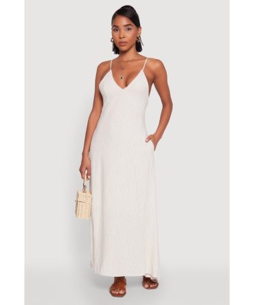 Striped Linen Slip Dress with Pockets