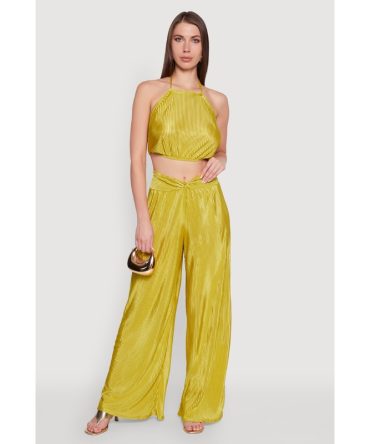 Stylish Plisse High Waisted Palazzo Pants with Twist Front Waist