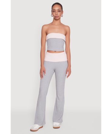 Stylish Rib Knit Contrast Fold Over Bootcut Pants