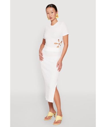 Textured Knit Side Slit Midi Skirt