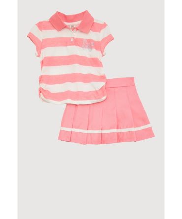 Toddler Girls Striped Polo Shirt and Pleated Skort