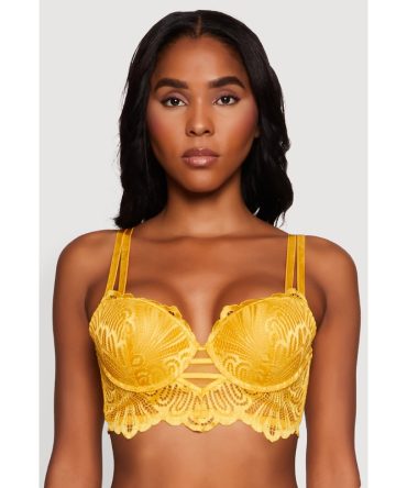 Trendy Caged Patterned Lace Trim Longline Double Strap Push Up Bra