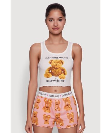 Trendy Graphic Ribbed Knit Sleeveless Pajama Set with Teddy Bear Print