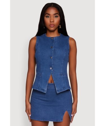 Trendy High Neck Button Front Denim Vest