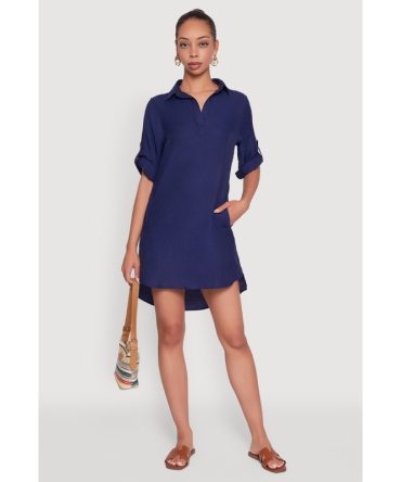 Trendy Linen Shirt Dress with Short Sleeves and Collared Neck