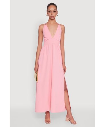 Trendy Plunge Halter Tie Maxi Dress with Criss Cross Back Straps